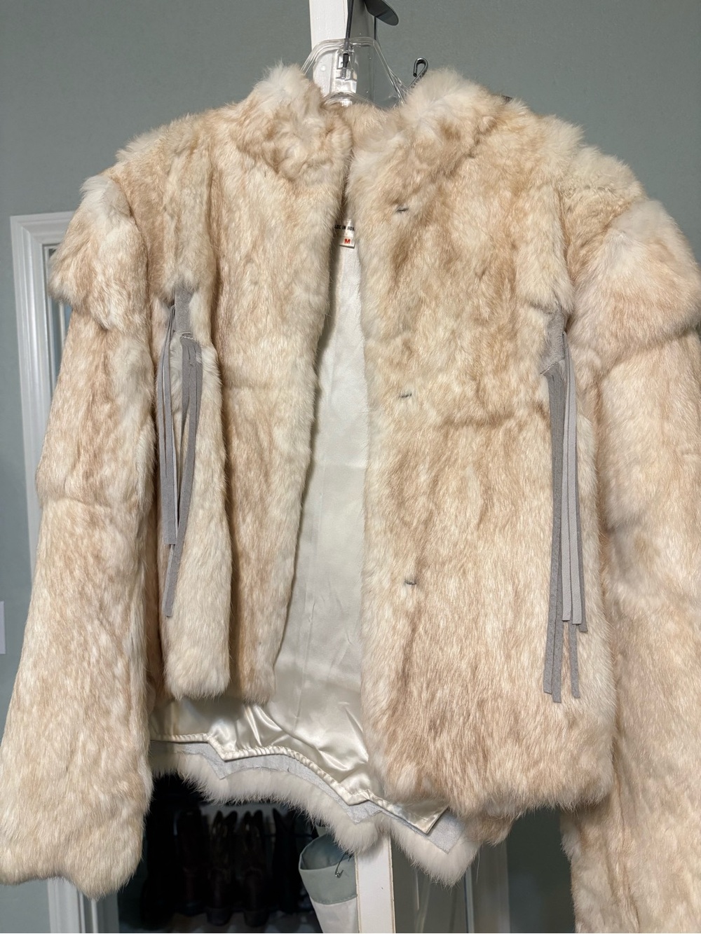 Women's Cream Fur Teddy Jacket with Hood and Tassel Accents